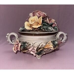 Vintage Capodimonte Floral Bowl Centerpiece Porcelain Made In Italy Floral Decor